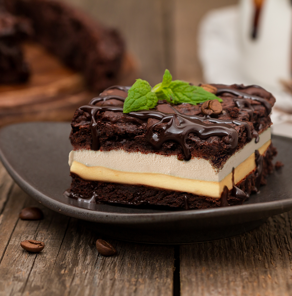 Ice cream, peanut butter, and chocolate chips in the middle of two brownies.