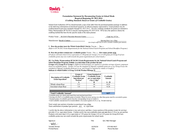 David's Cookies Formulation Statement: Chocolate Brownie Cookie