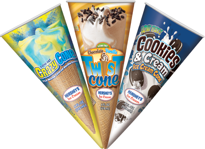 Picture of Crazy, Twist, and Cookies & Cream novelty cones.